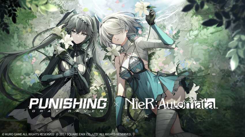 2b_(nier:automata), 2girls, black_hair, blindfold, breasts, copyright_name, cosplay, crossover, flower, gloves, grey_eyes, grey_hair, hairband, highres, holding, holding_flower, kaine_(nier), kaine_(nier)_(cosplay), logo, long_hair, lucia:_dawn_(gothic)_(pgr), lucia_(pgr), lying, medium_breasts, multiple_girls, nier:automata, nier_(series), official_art, punishing:_gray_raven, robot_girl, second-party_source, small_breasts, ucia:_dawn_(gothic)_(pgr), white_hair