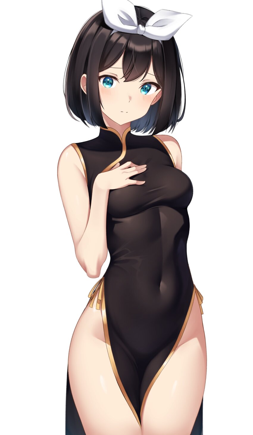 1girl, absurdres, arm_behind_back, bare_arms, bare_shoulders, black_dress, black_hair, blue_eyes