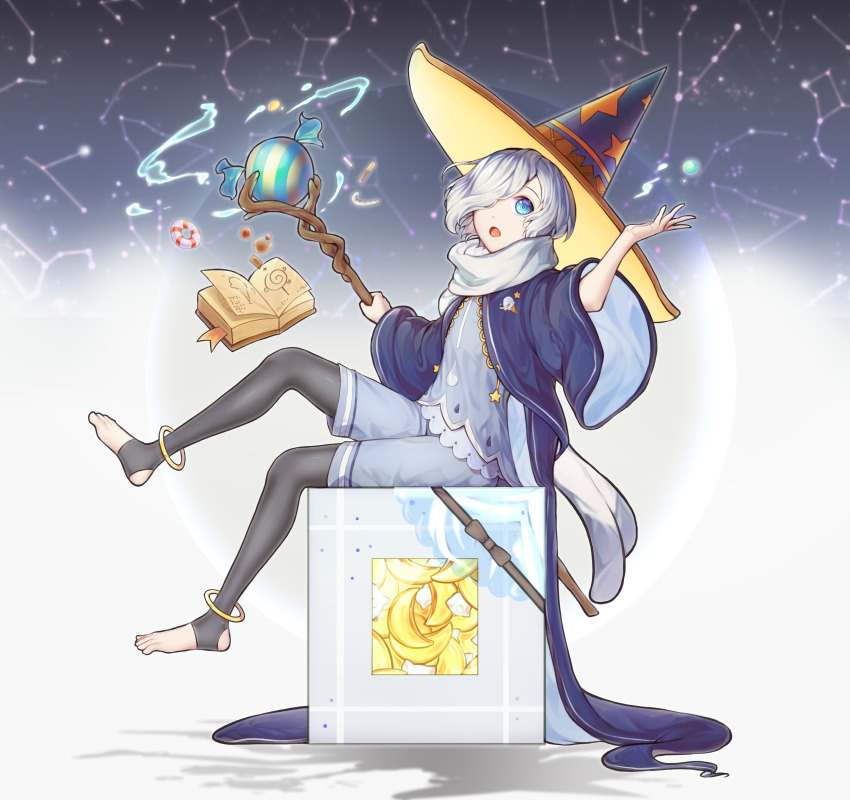 1other, :o, absurdres, blue_cloak, blue_eyes, book, cloak, constellation