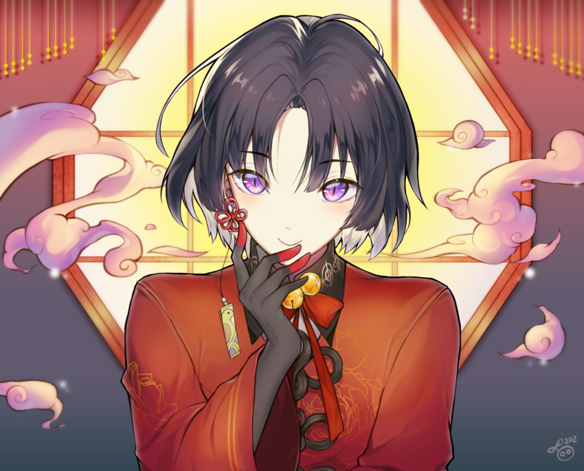 1boy, androgynous, bell, black_gloves, black_hair, closed_mouth, earrings, finger_cots, flower_knot, gloves, highres, jewelry, jingle_bell, lattice, long_sleeves, looking_at_viewer, lumeru_33, male_focus, neck_bell, nil_admirari_no_tenbin, purple_eyes, rei_sekka, short_hair, slit_pupils, smile, solo, upper_body