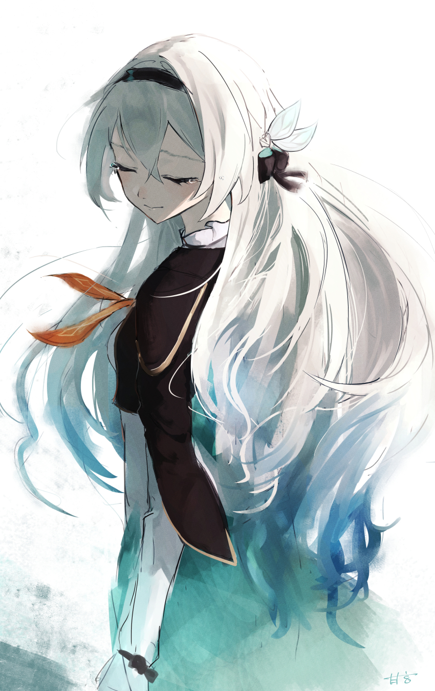 1girl, amamiyadagashi, arms_at_sides, black_bow, black_hairband, black_jacket, bow, closed_eyes