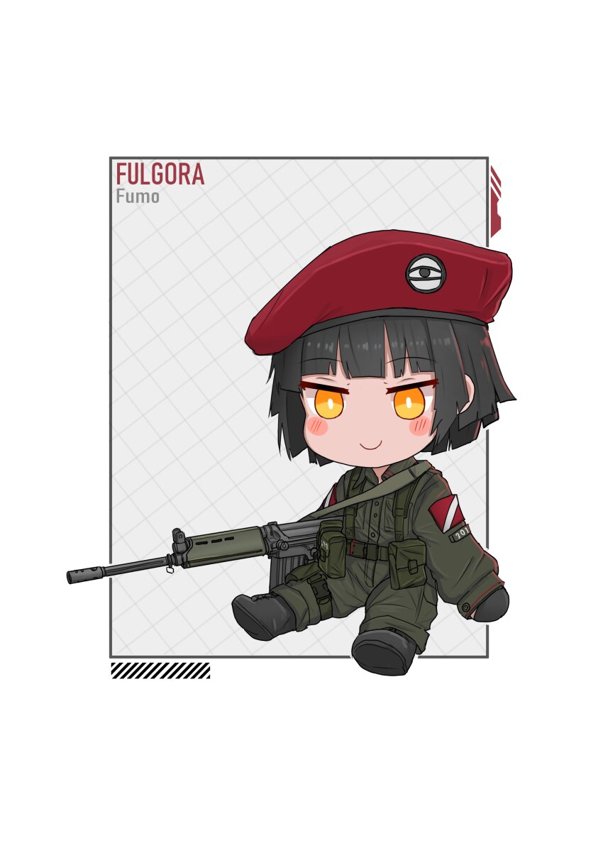 1girl, absurdres, battle_rifle, beret, black_footwear, black_gloves, black_hair, blunt_bangs