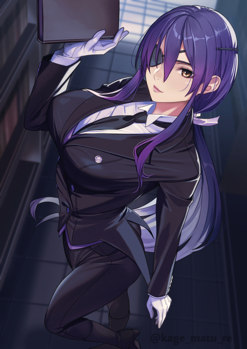 1girl, absurdres, book, breasts, brown_eyes, eyepatch, formal_clothes, full_body, gloves, highres, kagematsuri, large_breasts, long_bangs, long_hair, necktie, onmyou_kishi_towako, purple_hair, revision, shelving_book, shiki_reika, smile, solo, suit