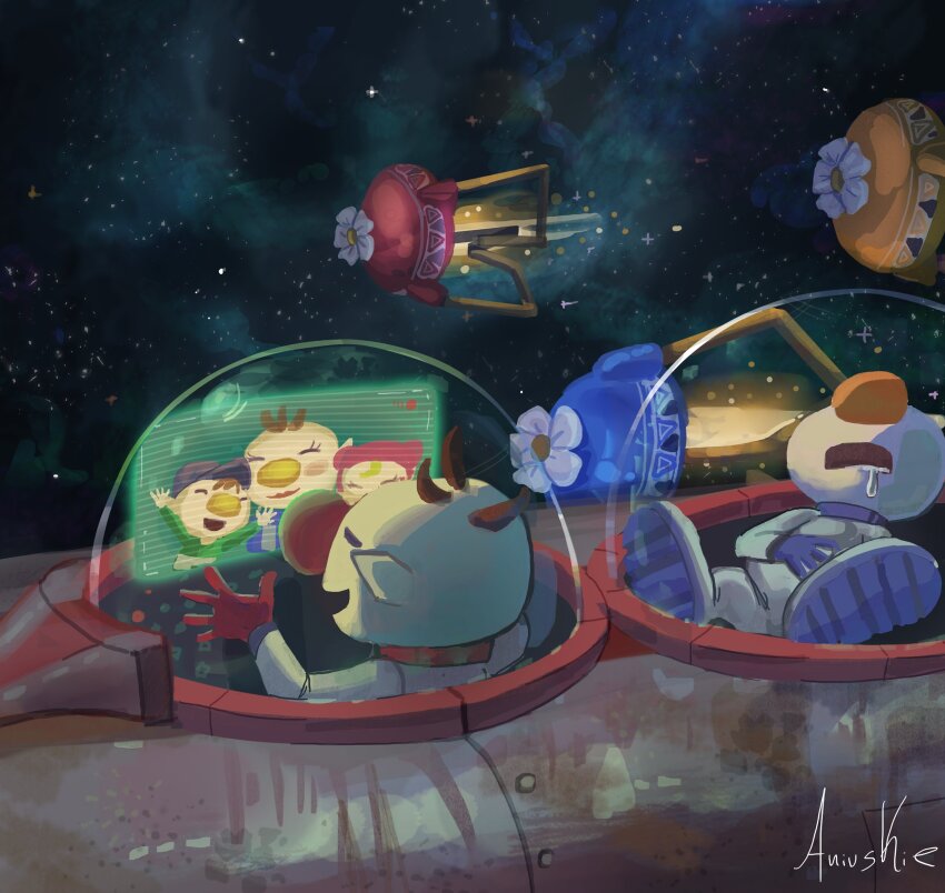 2girls, 3boys, ^_^, ani_(puniper), apron, baseball_cap, large_nose, blonde_hair