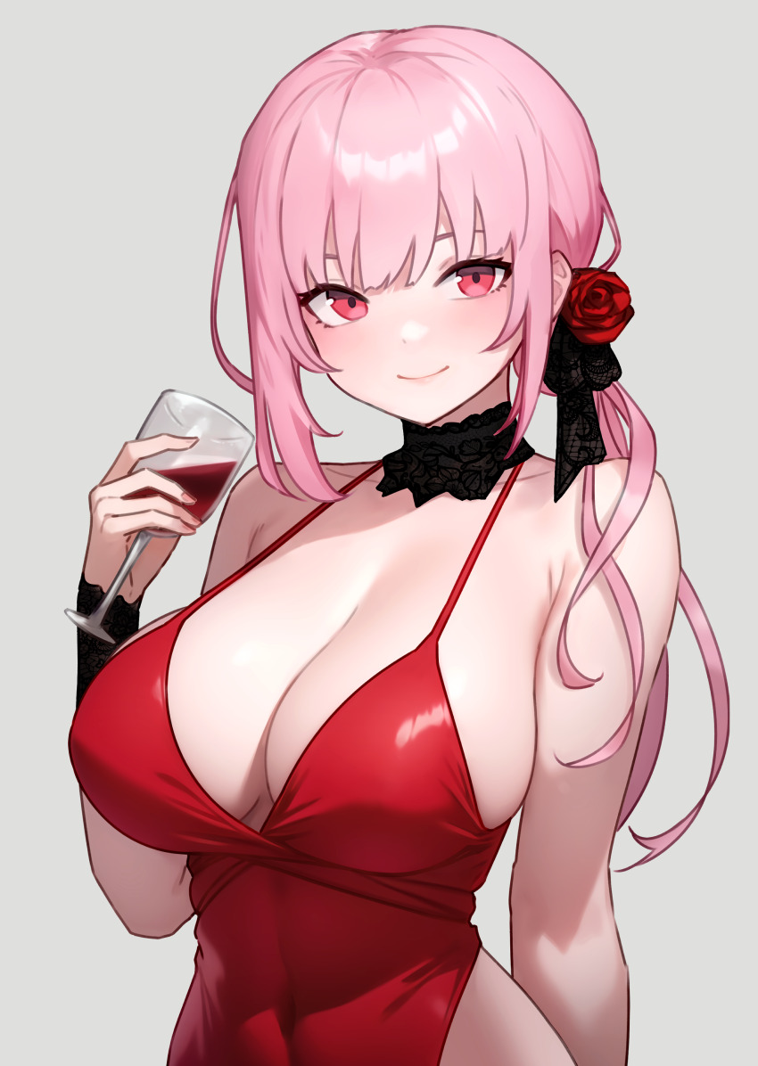 1girl, absurdres, adapted_costume, bare_shoulders, black_choker, bluefield, blush, breasts, choker, cleavage, commentary, covered_navel, cup, dress, drinking_glass, flower, hair_flower, hair_ornament, high-waist_dress, highres, holding, holding_cup, hololive, hololive_english, impossible_clothes, impossible_dress, lace, lace_choker, large_breasts, long_hair, looking_at_viewer, mori_calliope, mori_calliope_(party_dress), pink_eyes, pink_hair, red_dress, rose, sideboob, sleeveless, sleeveless_dress, smile, solo, virtual_youtuber, wine_glass