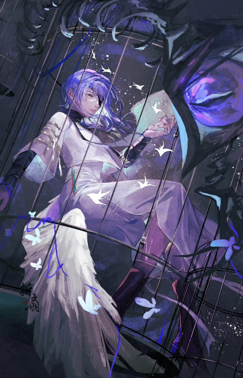 1girl, absurdres, ahoge, air_bubble, angel_wings, arm_warmers, black_boots, blue_hair