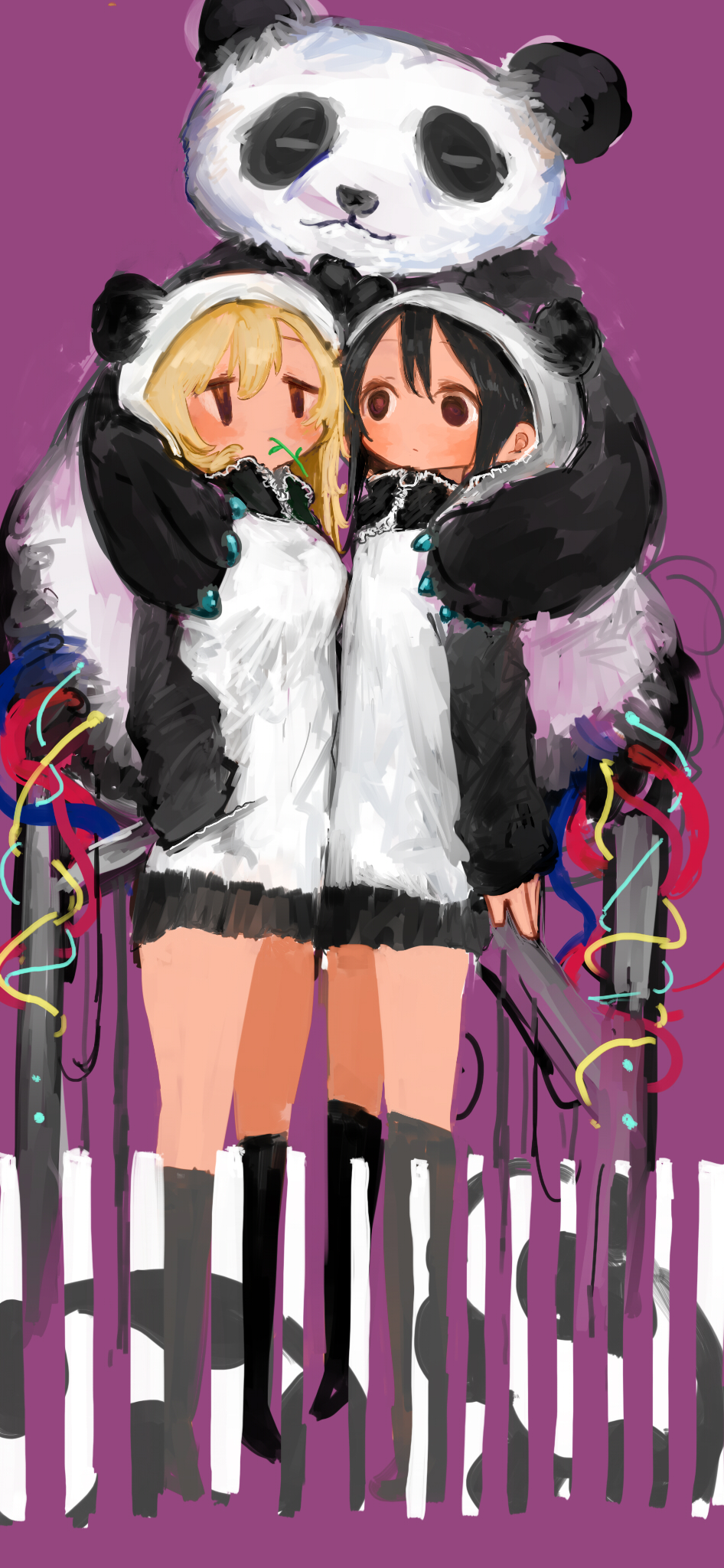 2girls, animal_hood, arm_around_shoulder, black_eyes, black_hair, black_skirt, black_sleeves, black_socks