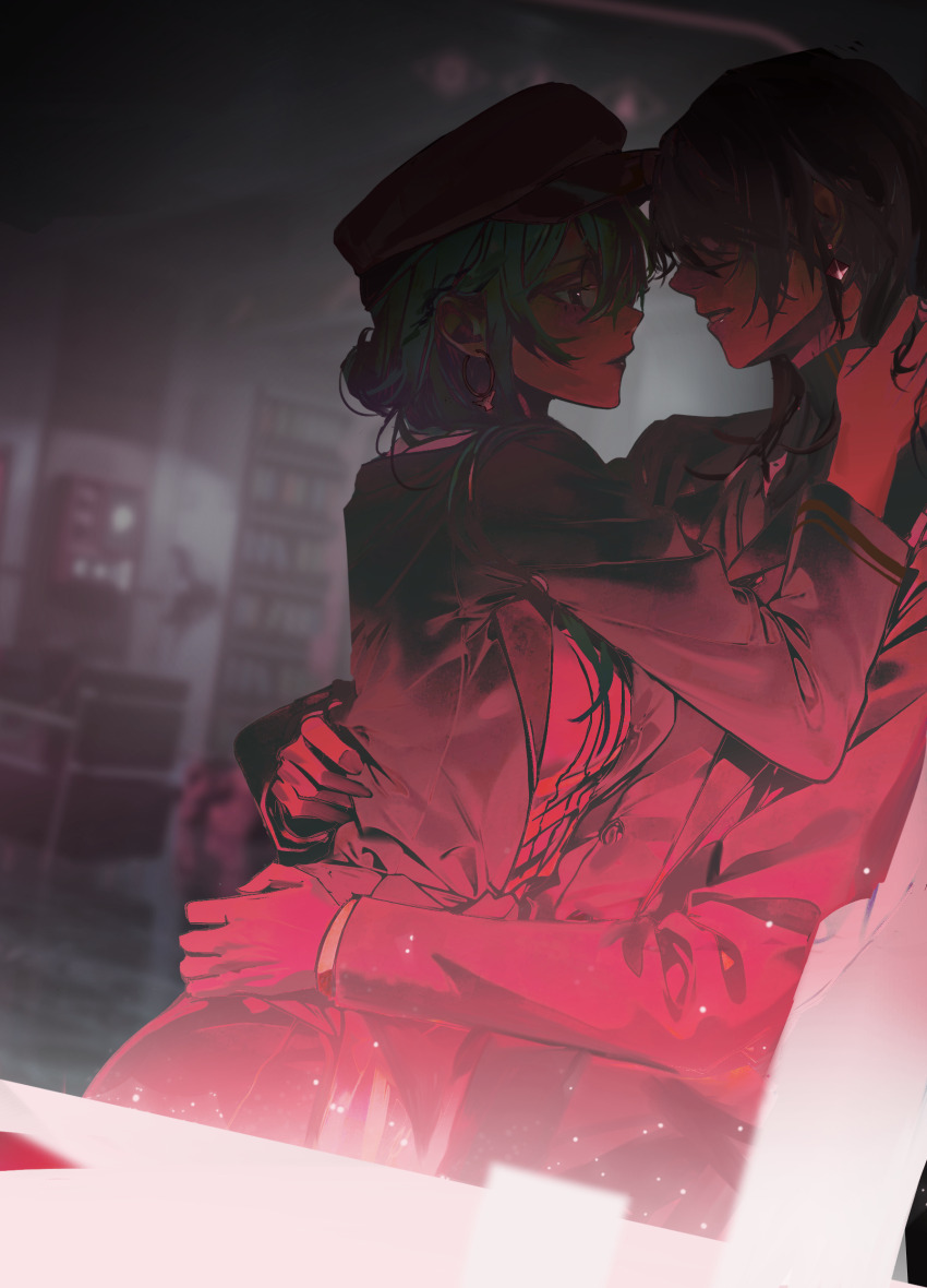 2girls, absurdres, black_hair, blurry, blurry_background, bookshelf, breast_press, chair