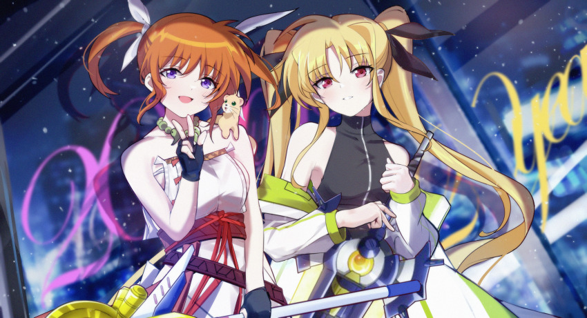 2girls, absurdres, bardiche_(nanoha), bardiche_(straight_saber_form)_(nanoha), bare_shoulders, blonde_hair, blush, brown_hair