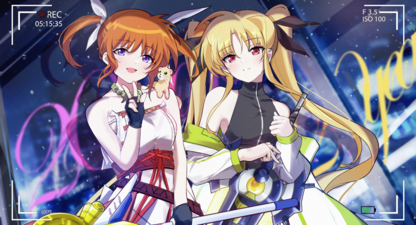 2girls, absurdres, bardiche_(nanoha), bardiche_(straight_saber_form)_(nanoha), bare_shoulders, blonde_hair, blush, brown_hair
