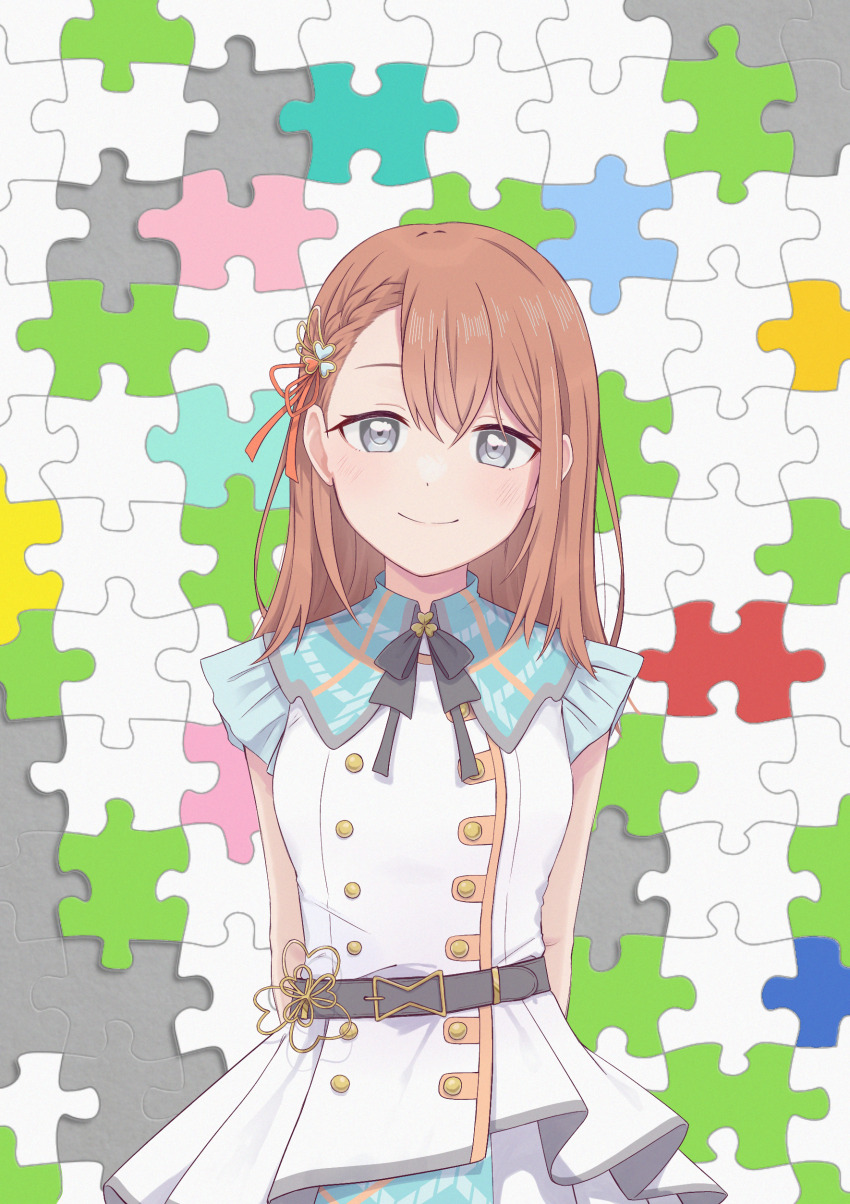 1girl, absurdres, arms_at_sides, bare_arms, belt, belt_buckle, black_belt, black_ribbon, blue_dress, braid, breasts, brooch, brown_hair, buckle, buttons, closed_mouth, clover_belt_buckle, clover_brooch, clover_hair_ornament, collared_dress, commentary_request, dot_nose, double-breasted, dress, eyelashes, flat_color, gem, gem_hair_ornament, grey_background, grey_eyes, hair_behind_ear, hair_ornament, hair_ribbon, half-closed_eyes, hanasato_minori, happy, highres, jewelry, light_blush, looking_at_viewer, medium_breasts, medium_hair, multicolored_background, neck_ribbon, nogami_kei_(ngm_si_), orange_gem, orange_ribbon, plaid_clothes, plaid_dress, project_sekai, puzzle, puzzle_piece, puzzle_piece_background, ribbon, short_braid, side_braid, silver_trim, simple_background, single_braid, sleeveless, sleeveless_dress, smile, solo, standing, swept_bangs, symbolism, tareme, two-tone_dress, upper_body, white_background, white_dress, white_gem, wing_hair_ornament