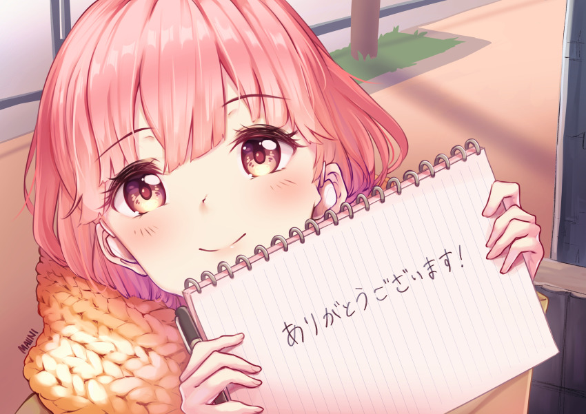 1girl, absurdres, blush, closed_mouth, commentary, derivative_work, english_commentary, highres, holding, holding_notebook, holding_pen, itose_yuki, maiini, notebook, orange_scarf, pen, pink_eyes, pink_hair, scarf, screenshot_redraw, smile, solo, translation_request, yubisaki_to_renren