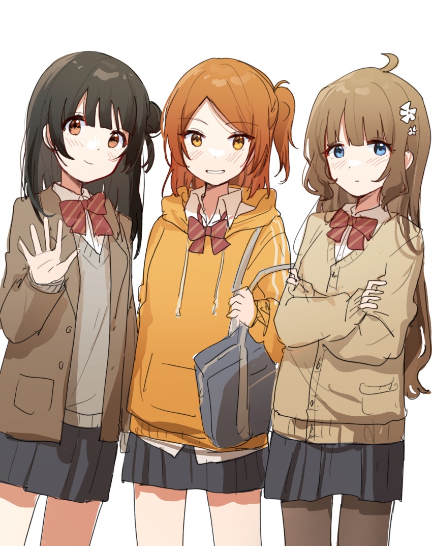 3girls, absurdres, aged_up, ahoge, bag, black_hair, black_pantyhose, black_skirt