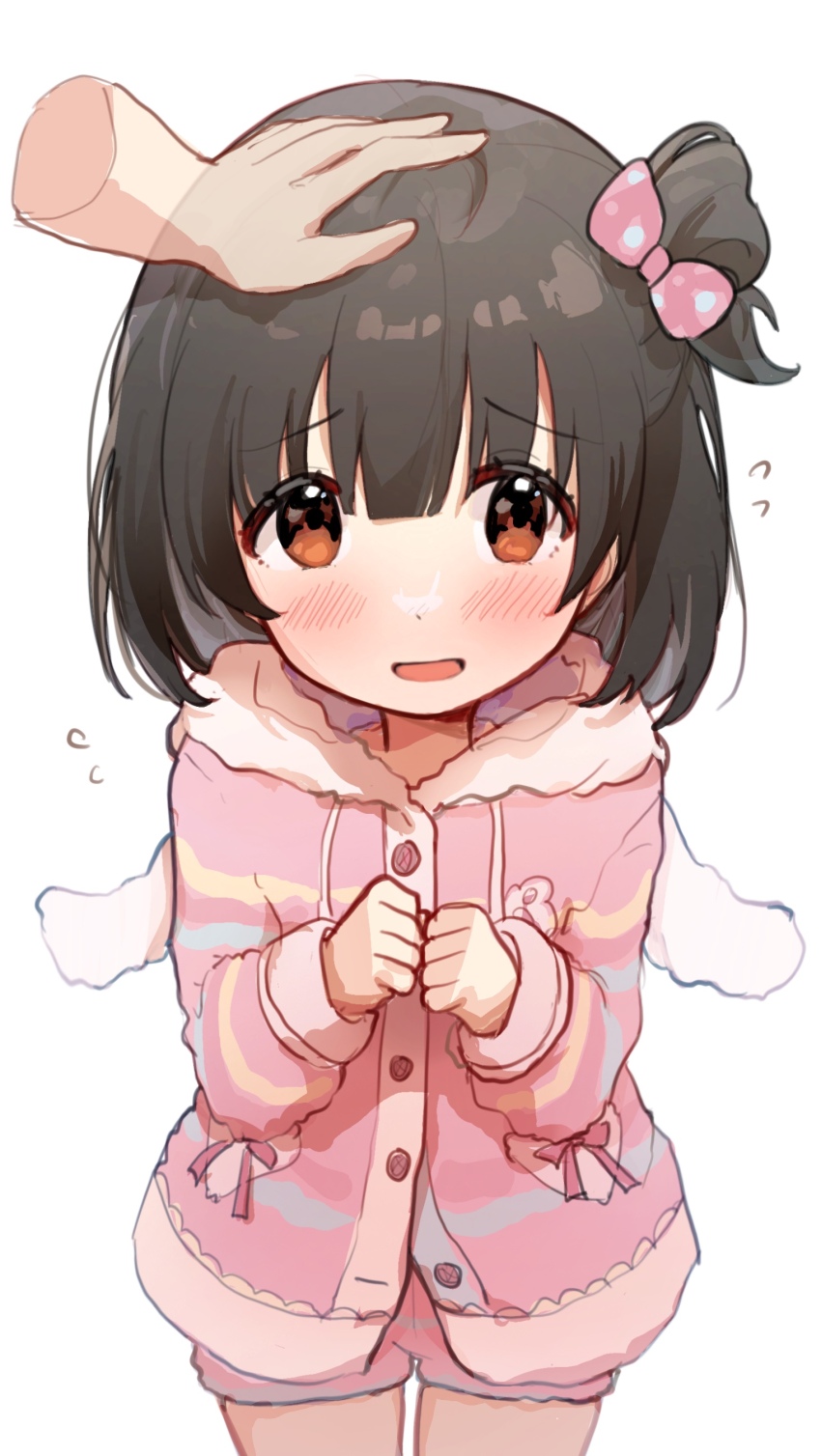 1girl, 1other, absurdres, black_hair, blush, bow, clenched_hands, disembodied_hand, flying_sweatdrops, hair_bow, hand_on_another's_head, headpat, highres, hood, hooded_jacket, idolmaster, idolmaster_million_live!, jacket, looking_at_viewer, nakatani_iku, nnnn, pink_jacket, pink_shorts, pov, pov_hands, shorts, smile