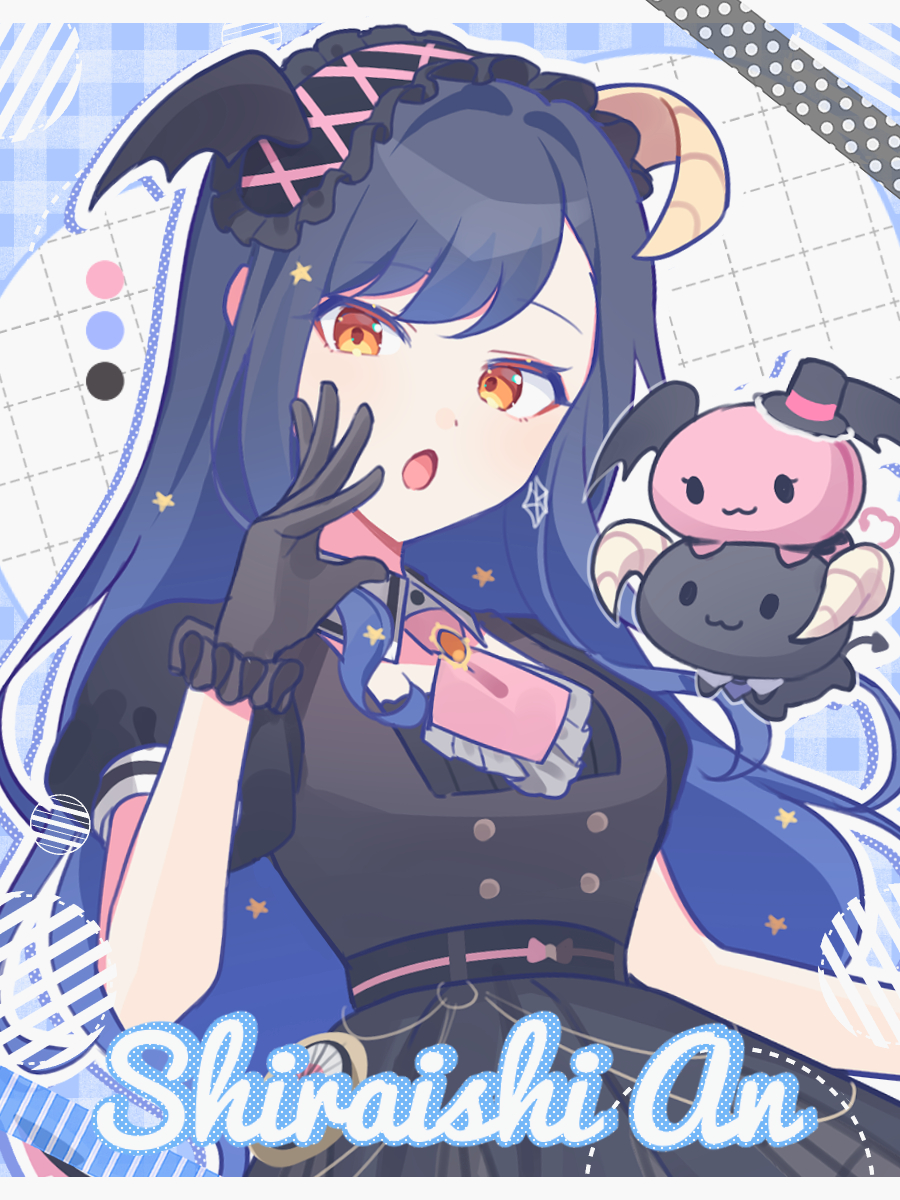 1girl, :o, berry_(sanrio), black_dress, black_gloves, black_headwear, blue_background, blue_hair