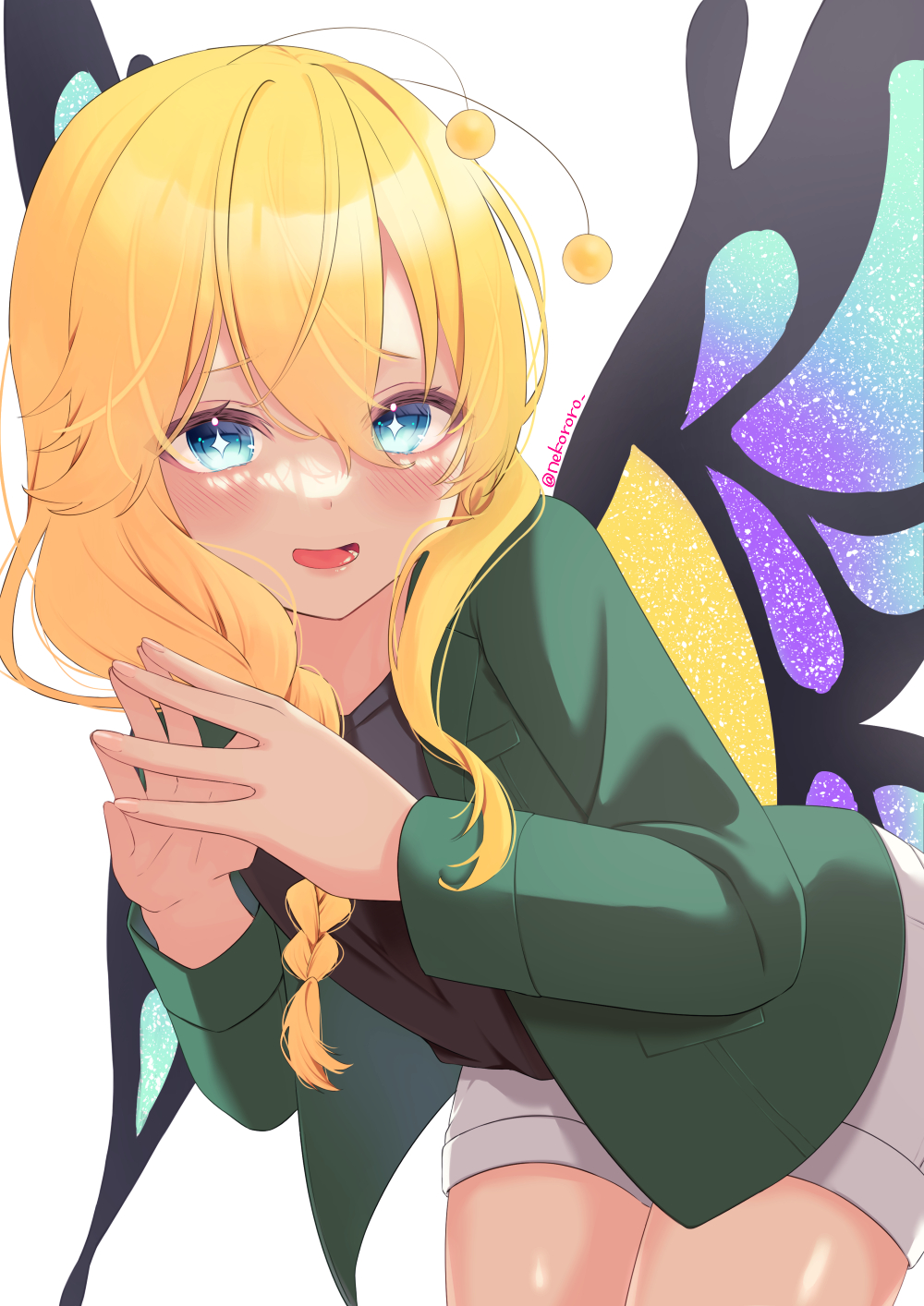 +_+, 1girl, antennae, arthropod_girl, blonde_hair, blue_eyes, blush, braid