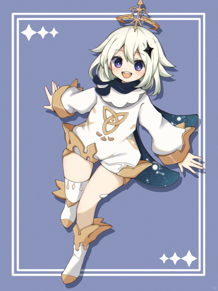 1girl, blue_background, blush, boots, full_body, genshin_impact, hair_ornament, halo