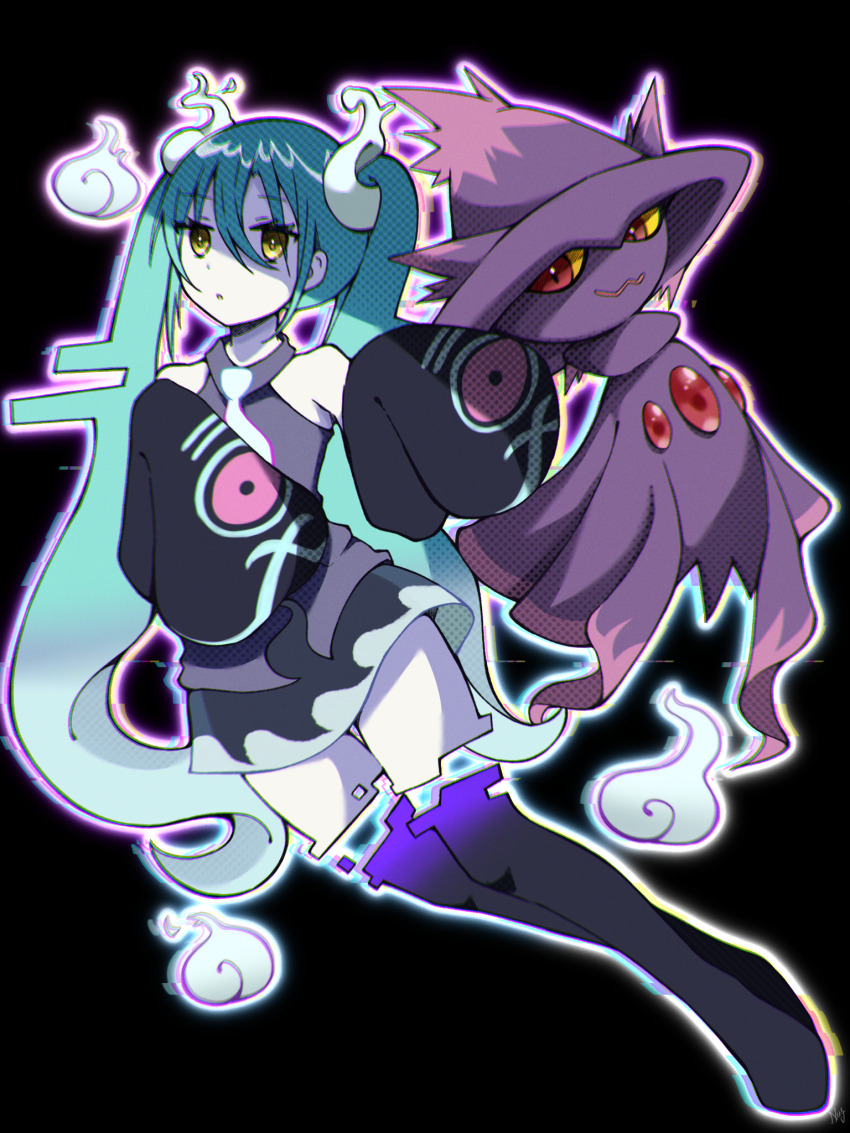 1girl, blue_hair, collared_shirt, detached_legs, detached_sleeves, full_body, gen_4_pokemon, ghost_miku_(project_voltage), glitch, hair_ornament, hatsune_miku, highres, long_hair, mismagius, necktie, nintendo, parted_lips, pokemon, pokemon_(creature), project_voltage, rageno0000, shirt, skirt, sleeveless, sleeveless_shirt, sleeves_past_fingers, sleeves_past_wrists, thigh_gap, thighhighs, twintails, very_long_hair, vocaloid, will-o'-the-wisp_(mythology), yellow_eyes