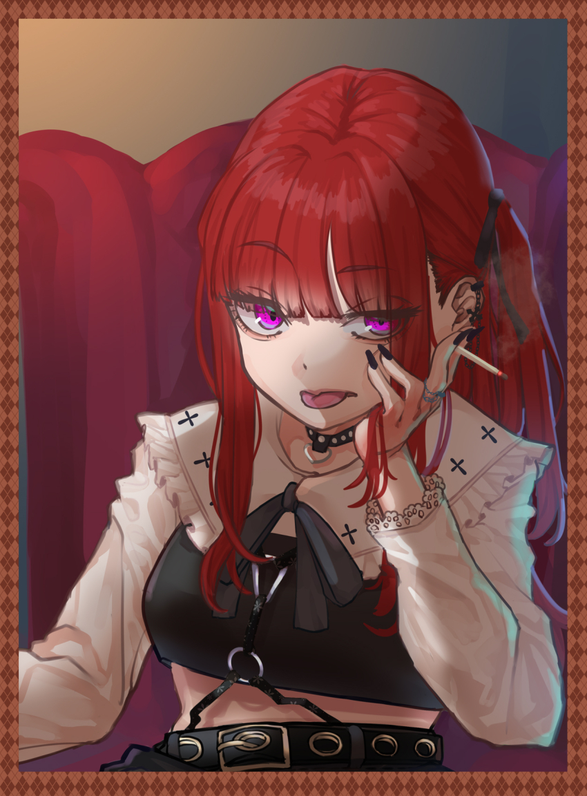 1girl, belt, black_nails, blunt_bangs, border, breasts, cigarette, frills