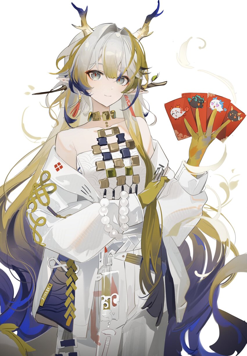 1girl, absurdres, arknights, bare_shoulders, blue_hair, branch, card, closed_mouth