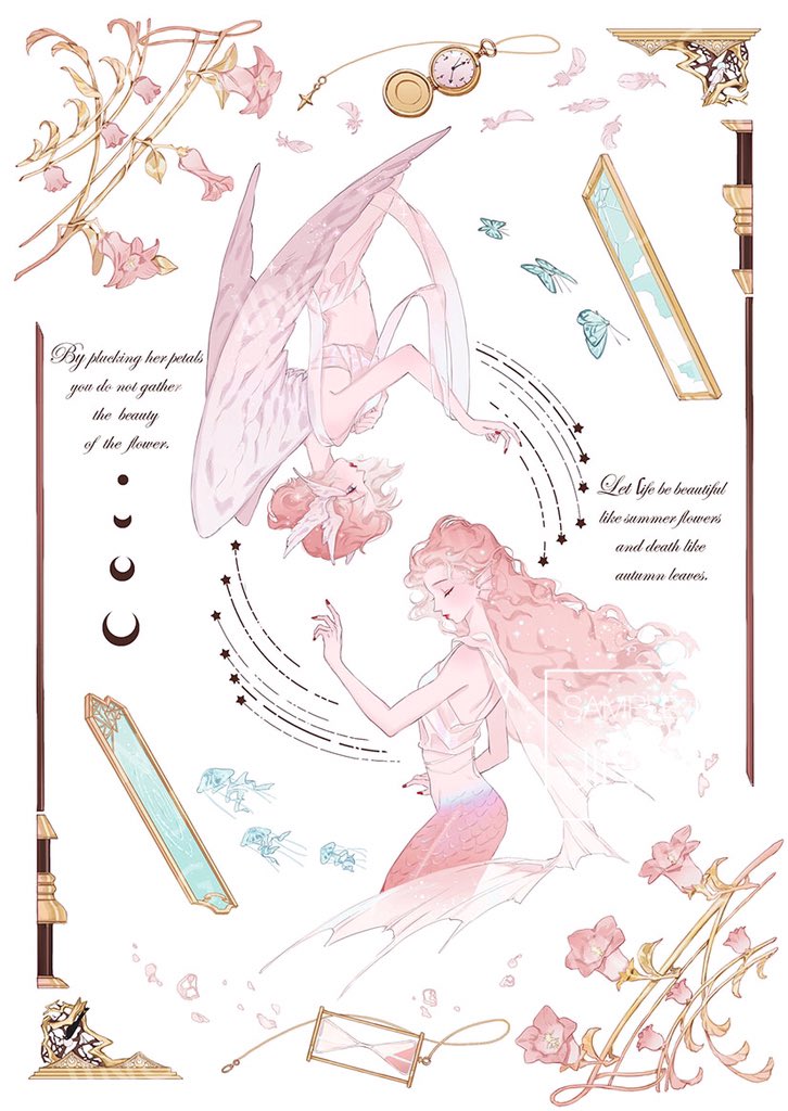 2girls, angel_wings, artist_name, ashuijing, bare_arms, bare_shoulders, bikini, blue_butterfly