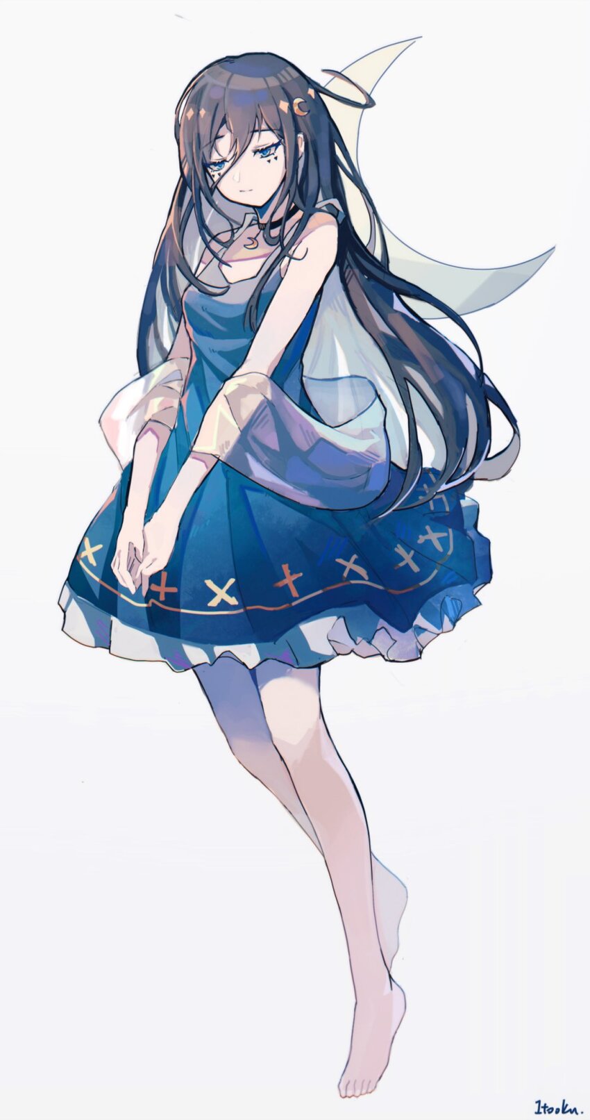 1girl, barefoot, black_hair, blue_dress, blue_eyes, choker, dress, hair_ornament