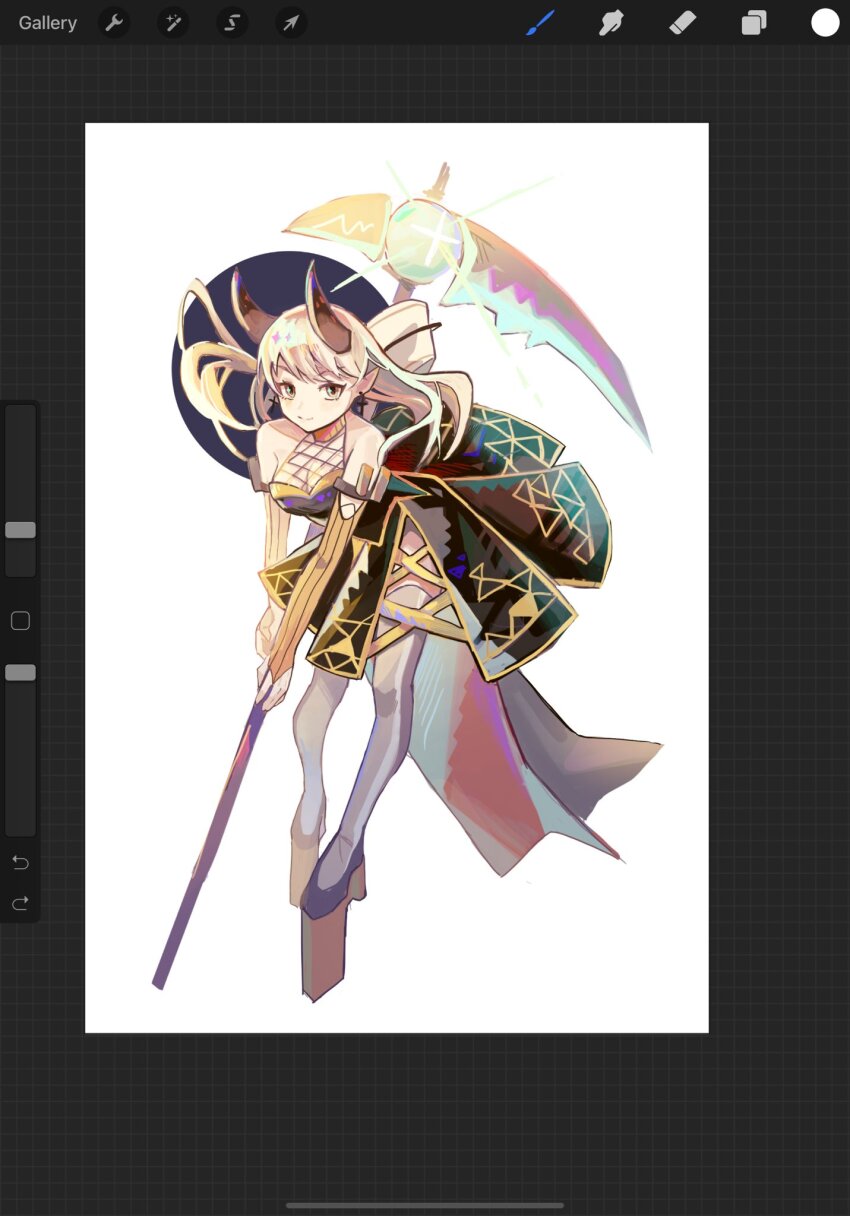 1girl, arcaea, art_program_in_frame, blue_eyes, breasts, high_heels, highres, horns