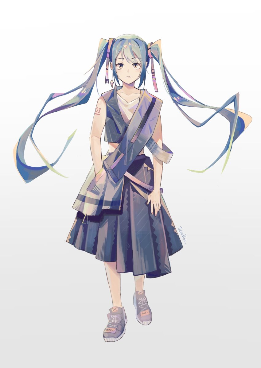 1girl, arm_tattoo, blue_eyes, blue_hair, dress, hatsune_miku, highres, itooku