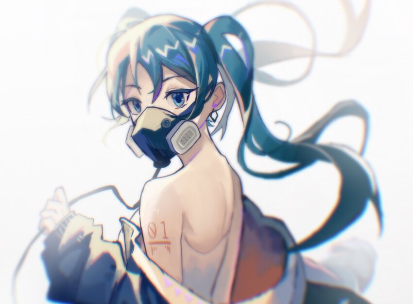 1girl, arm_tattoo, blue_eyes, blue_hair, dress, gas_mask, hatsune_miku, highres, itooku, long_hair, looking_at_viewer, mask, mask_on_head, respirator, tattoo, twintails, vocaloid, vocaloid_boxart_pose