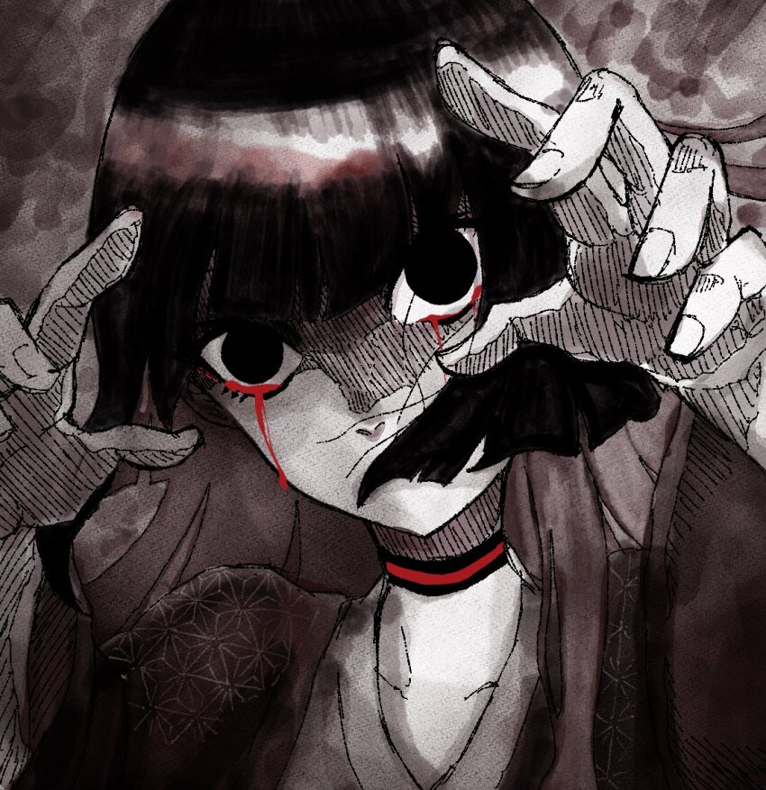 1girl, blood, bloody_tears, blunt_bangs, choker, fate/grand_order, fate_(series), gibbe18