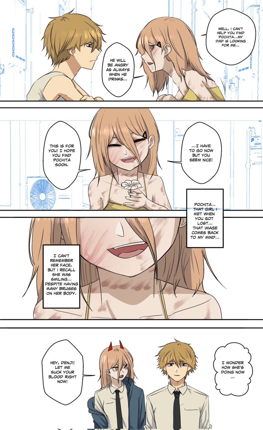 1boy, 1girl, age_progression, aged_down, black_necktie, blonde_hair, blue_jacket, brown_eyes, bruise, bruise_on_arm, bruise_on_chest, bruise_on_face, bruise_on_neck, bruise_on_shoulder, bruised_chest, camisole, chainsaw_man, child, closed_eyes, commentary, corrupted_twitter_file, denji_(chainsaw_man), english_commentary, english_text, flower, frown, hair_between_eyes, hair_ornament, hairclip, highres, holding, holding_flower, injury, jacket, light_brown_hair, necktie, off_shoulder, open_mouth, orange_eyes, power_(chainsaw_man), rinneko_art, smile, tank_top, white_tank_top, yellow_camisole