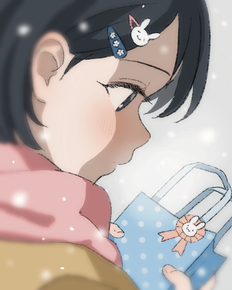 1girl, bag, black_eyes, black_hair, brown_coat, close-up, closed_mouth, coat, commentary, hair_behind_ear, hair_ornament, hairclip, holding, holding_bag, idolmaster, idolmaster_cinderella_girls, looking_at_object, looking_down, megabee_e, outdoors, pink_scarf, polka_dot, polka_dot_bag, portrait, rabbit_hair_ornament, sasaki_chie, scarf, short_hair, snowflakes, snowing, solo, winter_clothes
