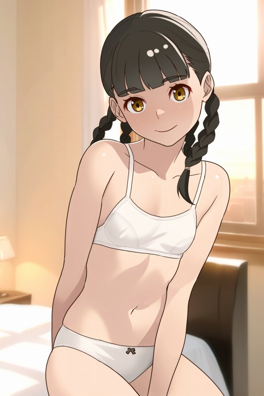 1girl, bed, bedroom, black_hair, blunt_bangs, bra, braid, breasts, brown_eyes, collarbone, cowboy_shot, hair_rings, lamp, lampshade, long_hair, original, panties, sitting, small_breasts, smile, solo, training_bra, twin_braids, twintails, underwear, underwear_only, white_panties, window, yizumi