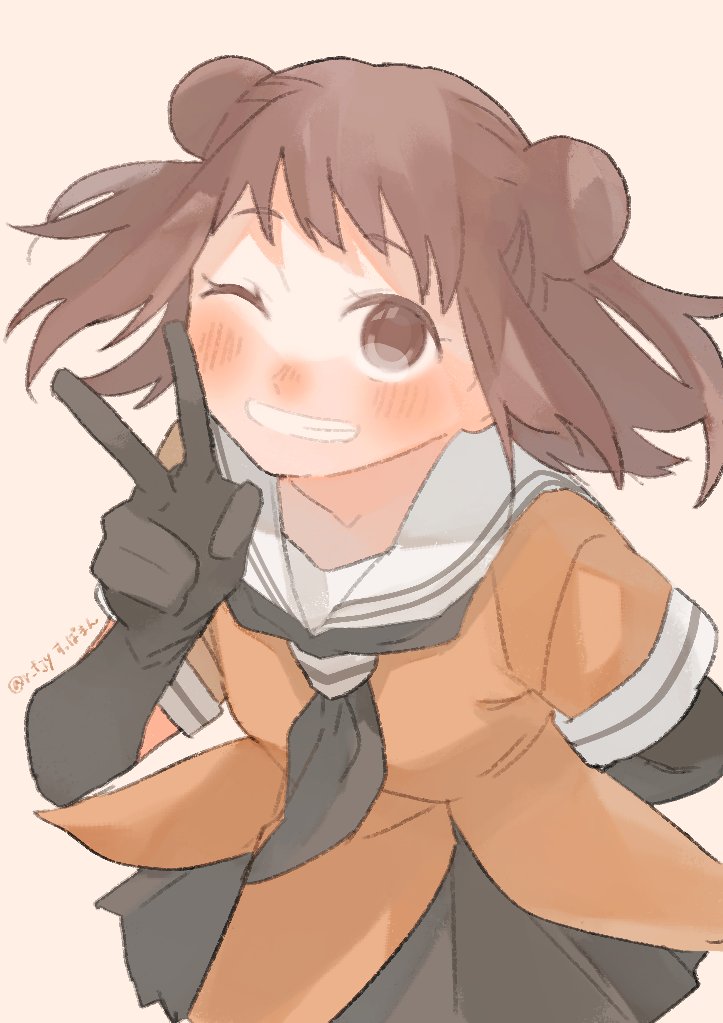 1girl, antenna_hair, arm_behind_back, black_gloves, black_neckerchief, black_skirt, brown_eyes, brown_hair