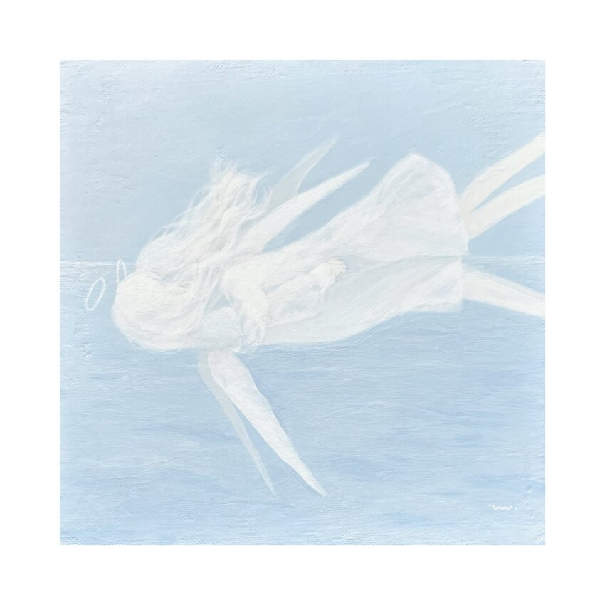 2girls, angel, angel_wings, bare_legs, blue_background, border, dress, facing_another, falling, halo, highres, hug, long_hair, monochrome, multiple_girls, original, signature, tensen, traditional_media, wavy_hair, white_background, white_border, white_dress, white_hair, white_wings, wings, yuri