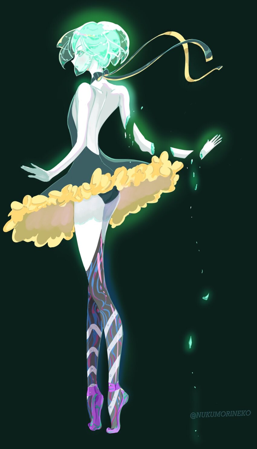 1other, alternate_costume, androgynous, aqua_eyes, aqua_hair, backless_dress, backless_outfit, ballerina, ballet_slippers, bare_arms, bare_back, bare_shoulders, black_background, black_bow, black_dress, black_panties, black_ribbon, bow, broken_arm, choker, circle_skirt, crystal_hair, dress, floating_clothes, frilled_dress, frills, from_behind, full_body, glowing, highres, houseki_no_kuni, looking_ahead, nukumorineko, other_focus, panties, pantyshot, phosphophyllite, profile, purple_footwear, ribbon, severed_hand, shards, shoe_soles, short_dress, short_hair, simple_background, solo, standing, strapless, strapless_dress, striped_skin, tiptoes, see-through_hair, twintails, two-sided_ribbon, underwear, yellow_ribbon
