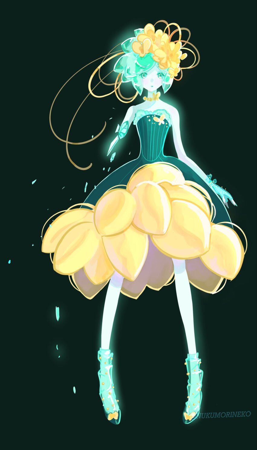 1other, alternate_costume, amputee, androgynous, aqua_eyes, aqua_gloves, aqua_hair, bare_shoulders, beads, black_dress, black_footwear, bug, butterfly, butterfly_ornament, choker, colored_skin, crystal_hair, dress, fingerless_gloves, flower, full_body, gloves, green_eyes, green_hair, green_socks, hair_flower, hair_ornament, highres, houseki_no_kuni, insect, legs_apart, nukumorineko, other_focus, phosphophyllite, see-through_clothes, see-through_socks, shards, short_hair, single_glove, socks, solo, standing, strapless, strapless_dress, see-through_hair, twintails, white_skin, yellow_butterfly, yellow_flower