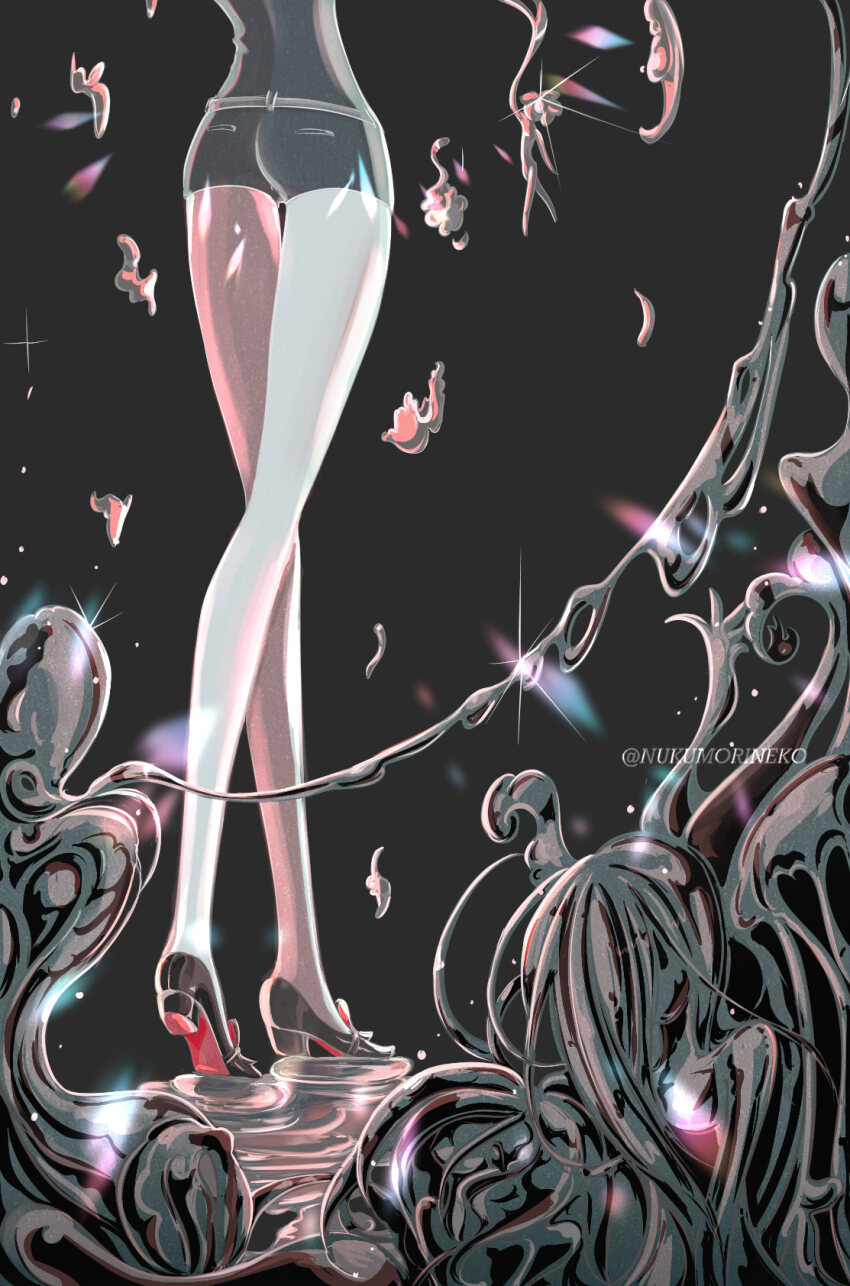 1other, ass, bare_legs, black_background, character_doll, cinnabar_(houseki_no_kuni), clone, colored_shoe_soles