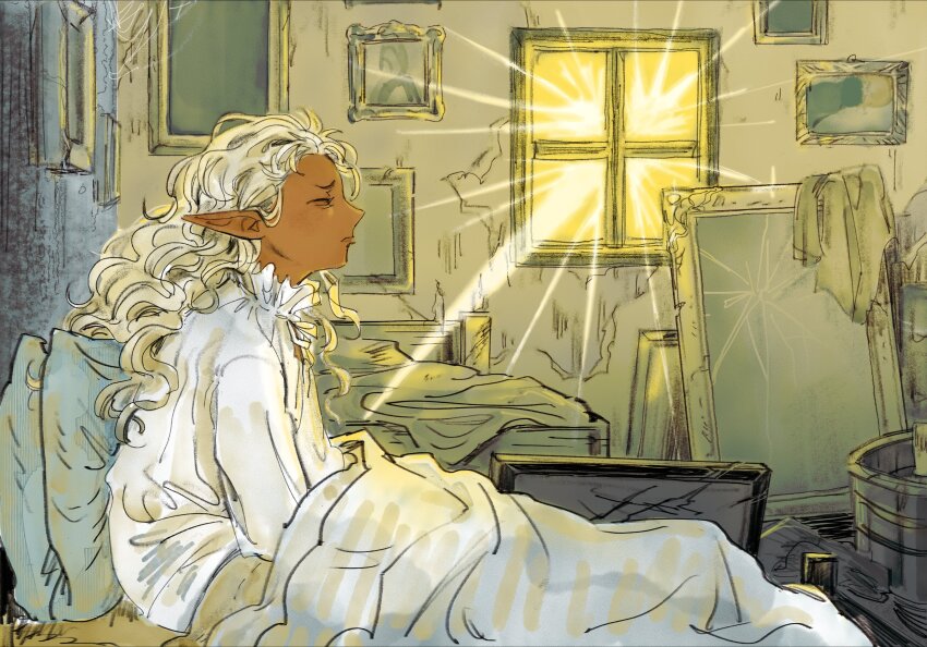 11agares, 1boy, absurdres, blanket, broken_mirror, bucket, closed_mouth, commentary