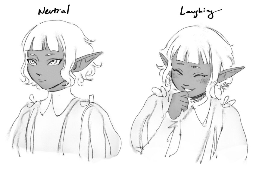 11agares, 1boy, ^_^, blunt_bangs, blush, closed_eyes, closed_mouth, dark-skinned_male, dark_skin, dungeon_meshi, elf, english_text, expressionless, frown, greyscale, happy, highres, laughing, long_sleeves, looking_ahead, male_focus, monochrome, multiple_views, pointy_ears, puff_and_slash_sleeves, puffy_sleeves, short_hair, sidelocks, simple_background, thistle_(dungeon_meshi), upper_body