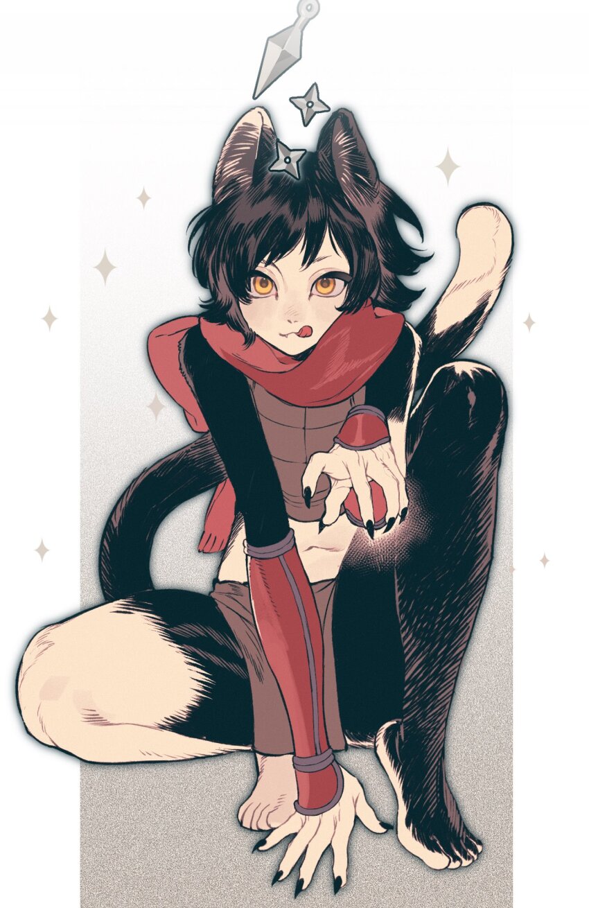 1girl, :3, :q, animal_ears, arm_guards, arm_support, armor, bare_legs, bare_shoulders, barefoot, black_fur, black_hair, black_nails, body_fur, brown_skirt, cat_ears, cat_girl, cat_tail, closed_mouth, crop_top, dungeon_meshi, fighting_stance, fingernails, full_body, grey_background, hand_on_ground, hand_up, hashtag-only_commentary, highres, izutsumi, knee_up, kunai, leather_armor, looking_at_viewer, midriff, mismatched_animal_ear_colors, navel, outside_border, pelvic_curtain, red_scarf, scarf, sharp_fingernails, short_hair, shuriken, skirt, sleeveless, solo, squatting, sumooo_(ga_ilil), tail, tail_raised, tiptoes, tongue, tongue_out, weapon, yellow_eyes