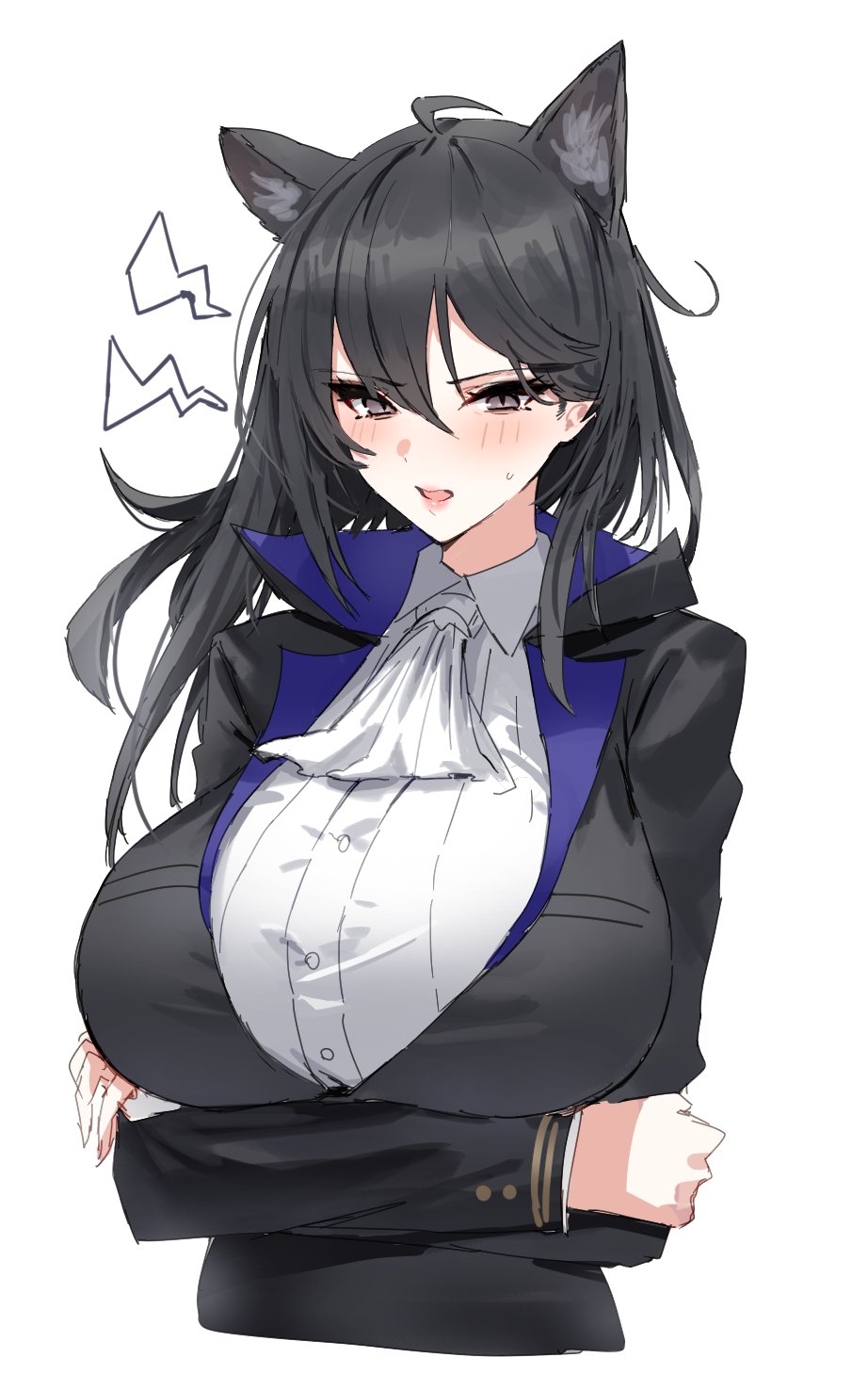 1girl, ahoge, animal_ears, arknights, arms_under_breasts, ascot, black_coat, black_eyes, black_hair, blush, breasts, coat, commentary_request, extra_ears, gertrude_strollo_(arknights), highres, horn/wood, huge_breasts, jacket, long_hair, looking_at_viewer, open_mouth, shirt, simple_background, solo, sweater, white_ascot, white_background, white_shirt, wolf_ears, wolf_girl