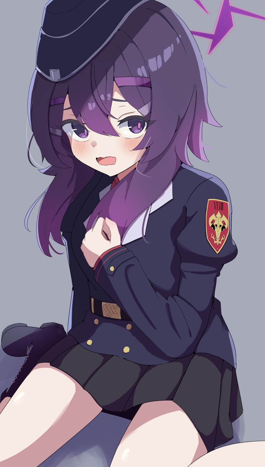 1girl, absurdres, belt, black_skirt, blue_archive, blush, boots, bright_pupils