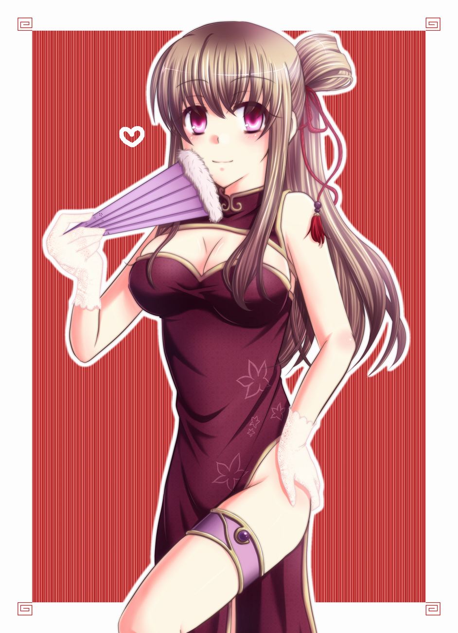 00s, 1girl, alternate_costume, alternate_hairstyle, bad_id, bad_pixiv_id, bare_shoulders, breasts, brown_hair, china_dress, chinese_clothes, cleavage, cleavage_cutout, clothing_cutout, dress, female_focus, folding_fan, gloves, hand_fan, hand_on_own_hip, heart, highres, hip_focus, holding, holding_fan, long_hair, miki_souya, mikisouya, pandora_hearts, purple_eyes, sharon_rainsworth, side_slit, skindentation, smile, solo, thigh_strap