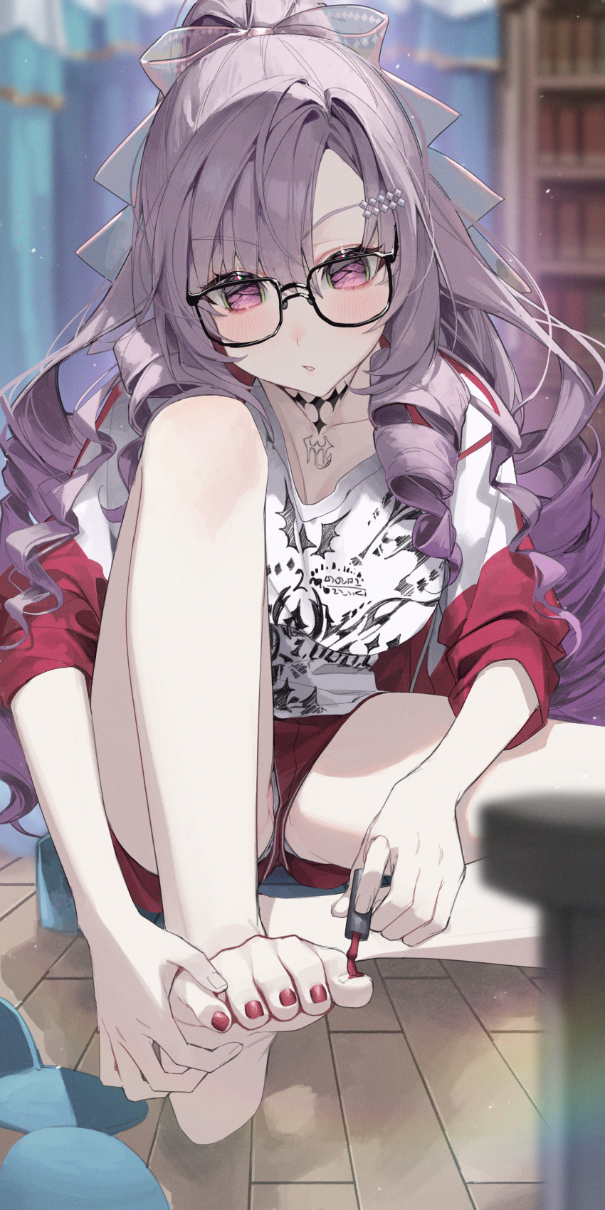 1girl, :o, absurdres, applying_pedicure, barefoot, black-framed_eyewear, blush, bow, breast_press, breasts, chest_tattoo, drill_hair, feet, g5_(g5_gugu), glasses, grey_panties, hair_bow, hair_ornament, hairclip, highres, hyakumantenbara_salome, hyakumantenbara_salome_(casual), indoors, jacket, large_breasts, long_hair, long_sleeves, nail_polish, nijisanji, no_pupils, official_alternate_costume, on_floor, painting_nails, painting_toenails, panties, pantyshot, parted_bangs, pink_bow, ponytail, print_shirt, purple_eyes, purple_hair, red_jacket, red_nails, red_shorts, red_track_suit, scorpion_tattoo, shirt, short_shorts, shorts, sitting, sleeves_pushed_up, slippers, solo, tattoo, toenail_polish, toenails, track_jacket, track_suit, transparent_bow, underwear, very_long_hair, virtual_youtuber, white_shirt