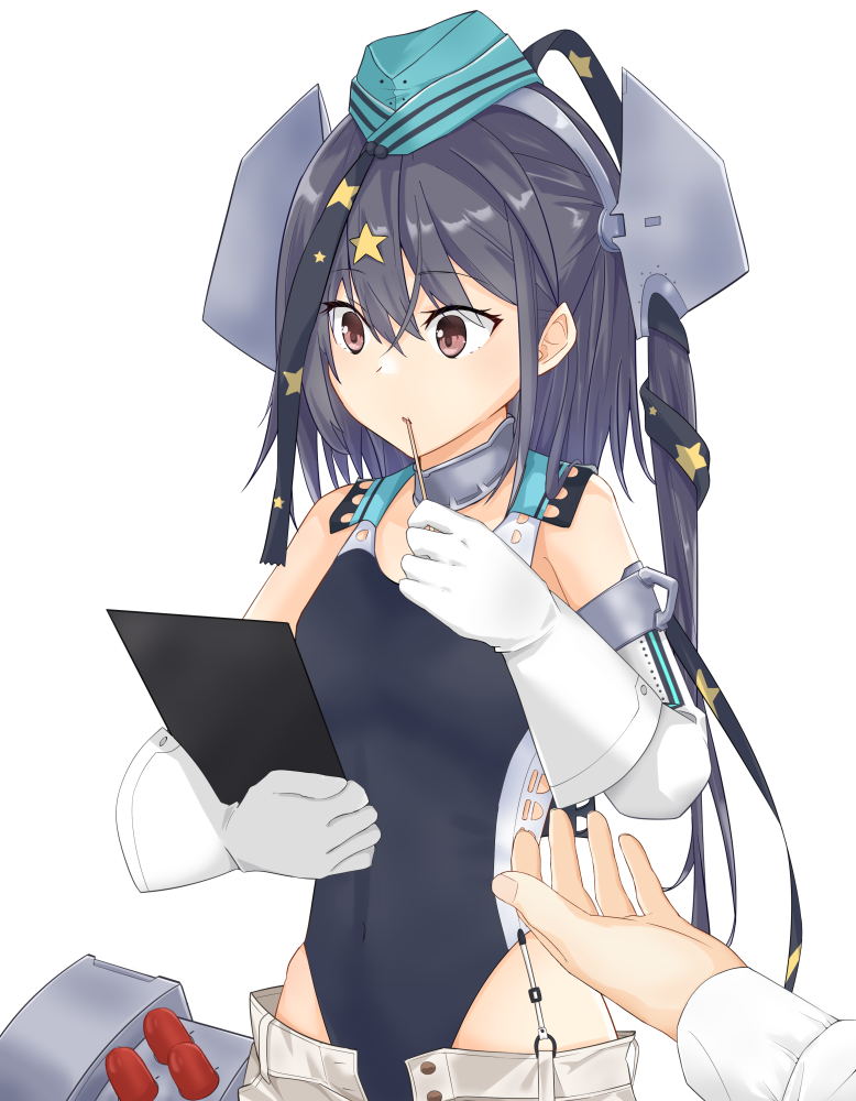 1girl, aqua_headwear, black_one-piece_swimsuit, black_ribbon, brown_eyes, competition_swimsuit, garrison_cap, gloves