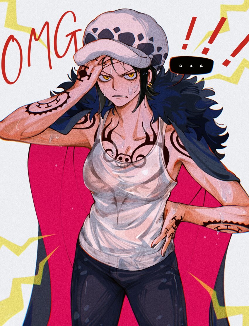 ..., 1girl, absurdres, arm_tattoo, bags_under_eyes, black_hair, breast_tattoo, canon_genderswap, coat, coat_on_shoulders, denim, earrings, frown, fur_trim, genderswap, genderswap_(mtf), hand_on_own_forehead, hand_on_own_hip, hand_tattoo, hat, highres, jeans, jewelry, jo_jun, one_piece, pants, see-through_clothes, see-through_shirt, shirt, short_hair, simple_background, solo, tank_top, tattoo, trafalgar_law, trafalgar_law_(female), wet, wet_clothes, wet_shirt, white_tank_top, yellow_eyes