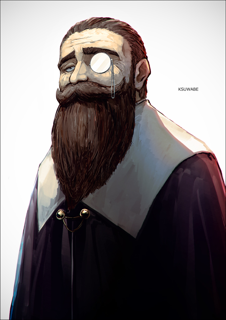 1boy, artist_name, beard, black_eyes, brown_facial_hair, brown_hair, commentary, denken_(sousou_no_frieren)