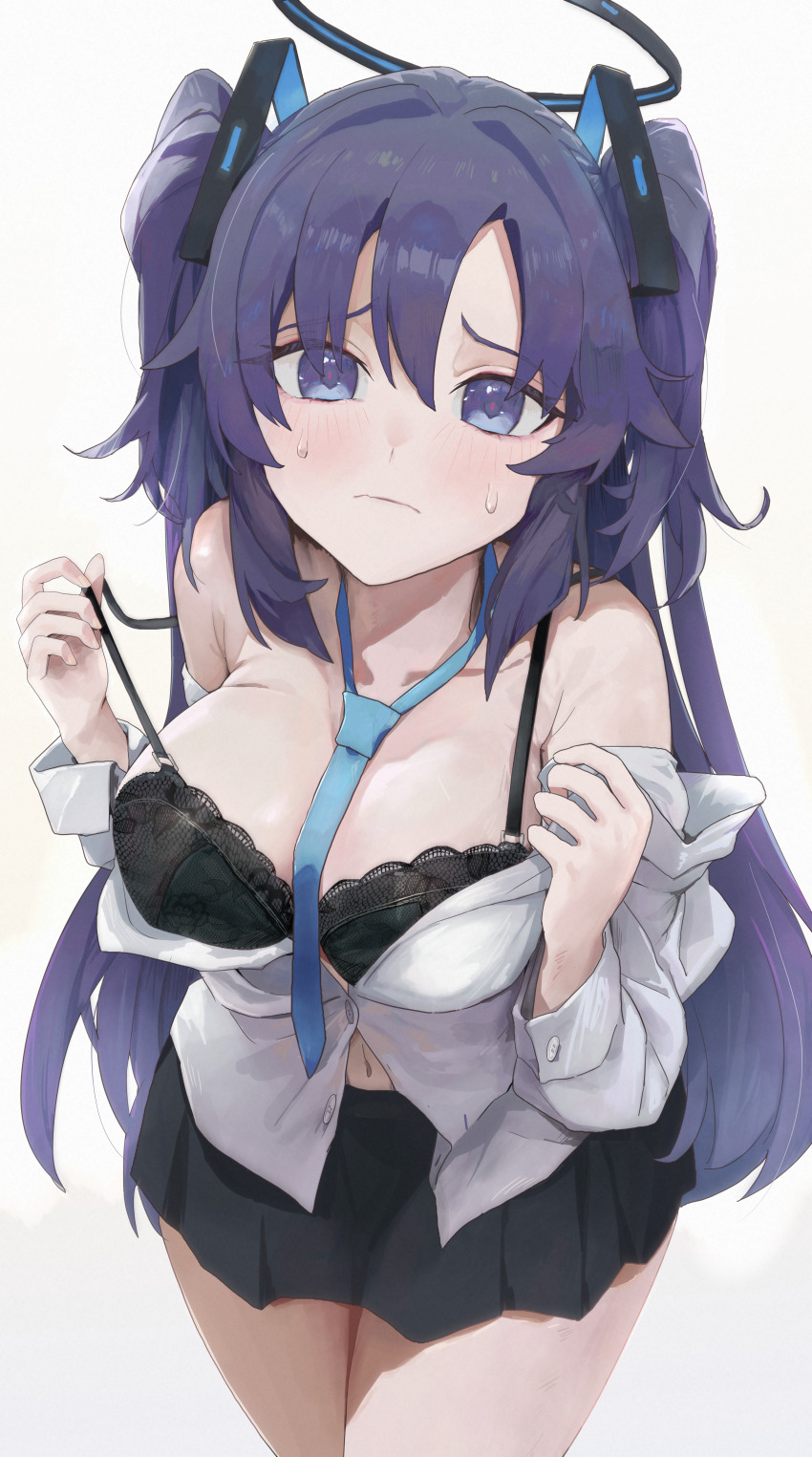 1girl, absurdres, black_bra, black_skirt, blue_archive, blue_necktie, blush, bra