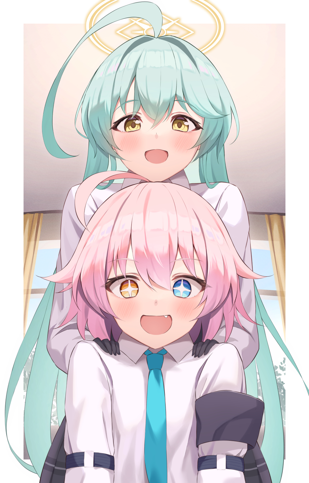 2girls, ahoge, blue_archive, blue_eyes, blue_necktie, blush, collared_shirt, fang